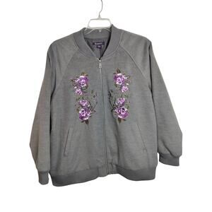 4789) Roamans Women grey Floral Embroidery Lined Zip Up Bomber Jacket Plus 22/24